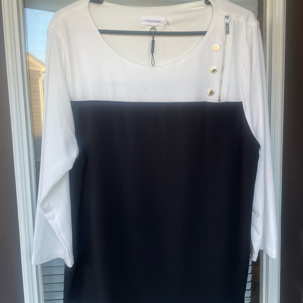 Calvin Klein Black and White Colorblock Long-Sleeve Top with Silver Accents-XL - Picture 2 of 12